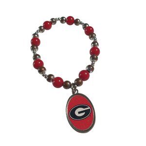 University Of Georgia Bulldogs Stretch Beaded Bracelet Red Charm Beads Football